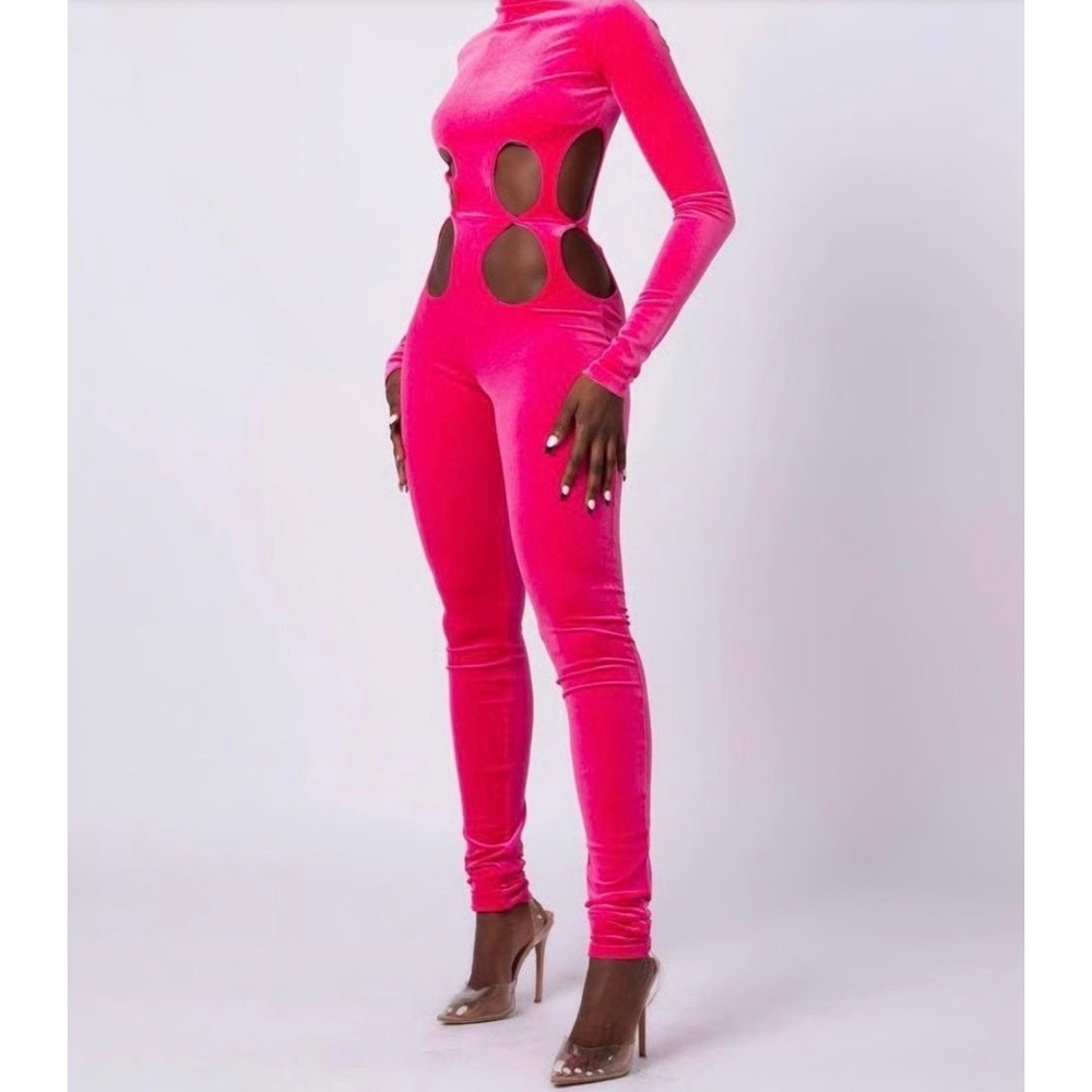 Grayscale Mid Cut Out Jumpsuit Pink Velour Sexy Long Sleeve Bodysuit Medium